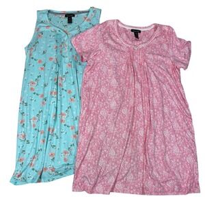 Rene Rofe Women XL Nightgown Set 2 Aqua Floral Pink Paisley Sleepwear Knit Dress